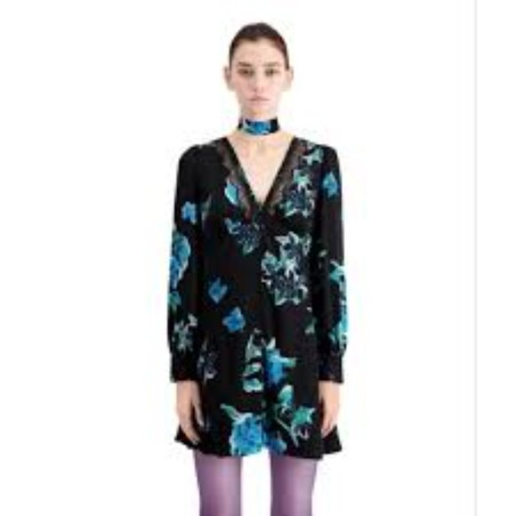 NWT The Kooples Black Floral Lace Trim Mini Dress‎ Size FR0/US2